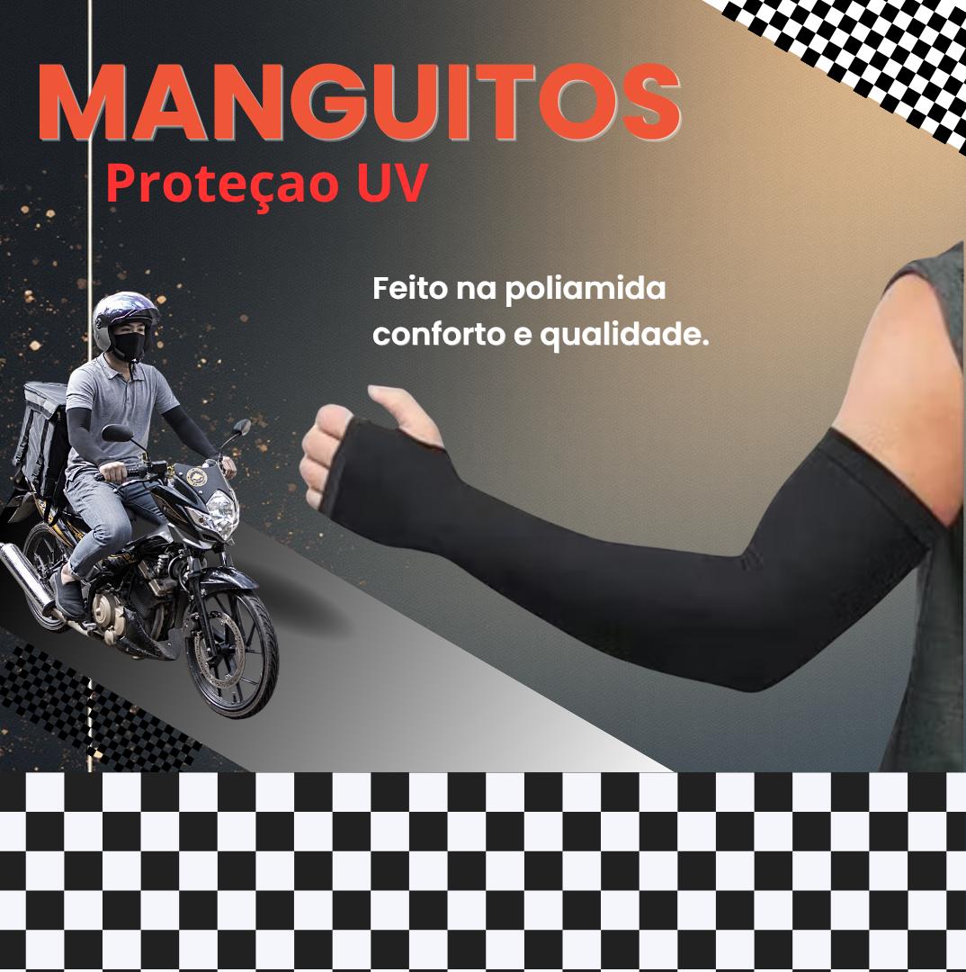 Manguito motoqueiro Proteção solar Anuncio Referente a 1x par de Manguito Adulto Unissex c/ dedo/ entrada para polegar Utilizado por Motociclista, Pescadores, Maratonista, Ciclista, Jogadores de Basquete, etc. -Sensação fresca, fresca e respirável -Proteger contra sol -Proteger os braços -Auxilia na circulação muscular -Ativa a circulação sanguínea -Proporciona firmeza no suporte, evitando vibrações, tendinite. Composição: poliamida